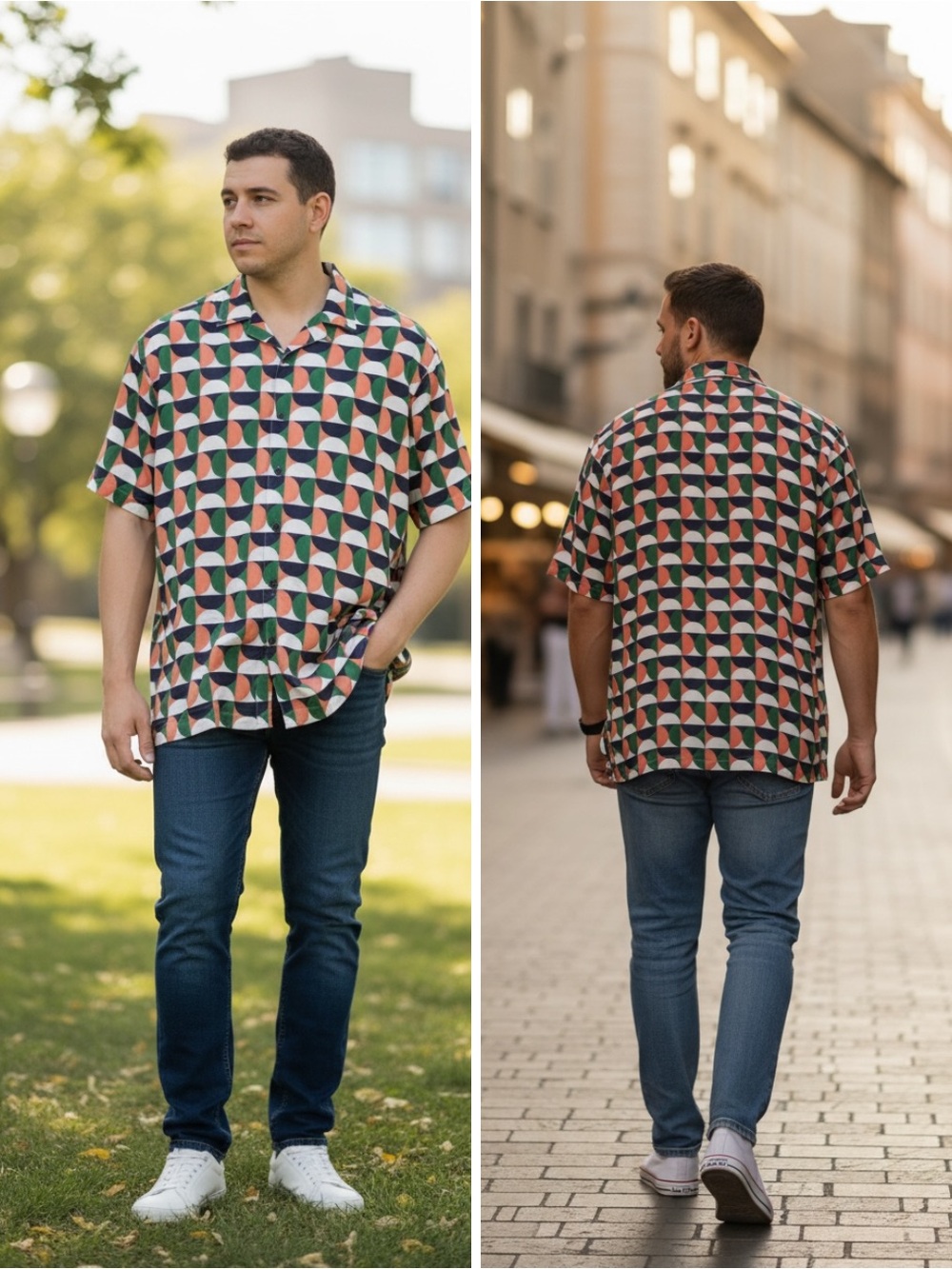 Shaquille O’Neal NWT Short-Sleeve Geo Print Button-Up Shirt - Green/Coral/Navy